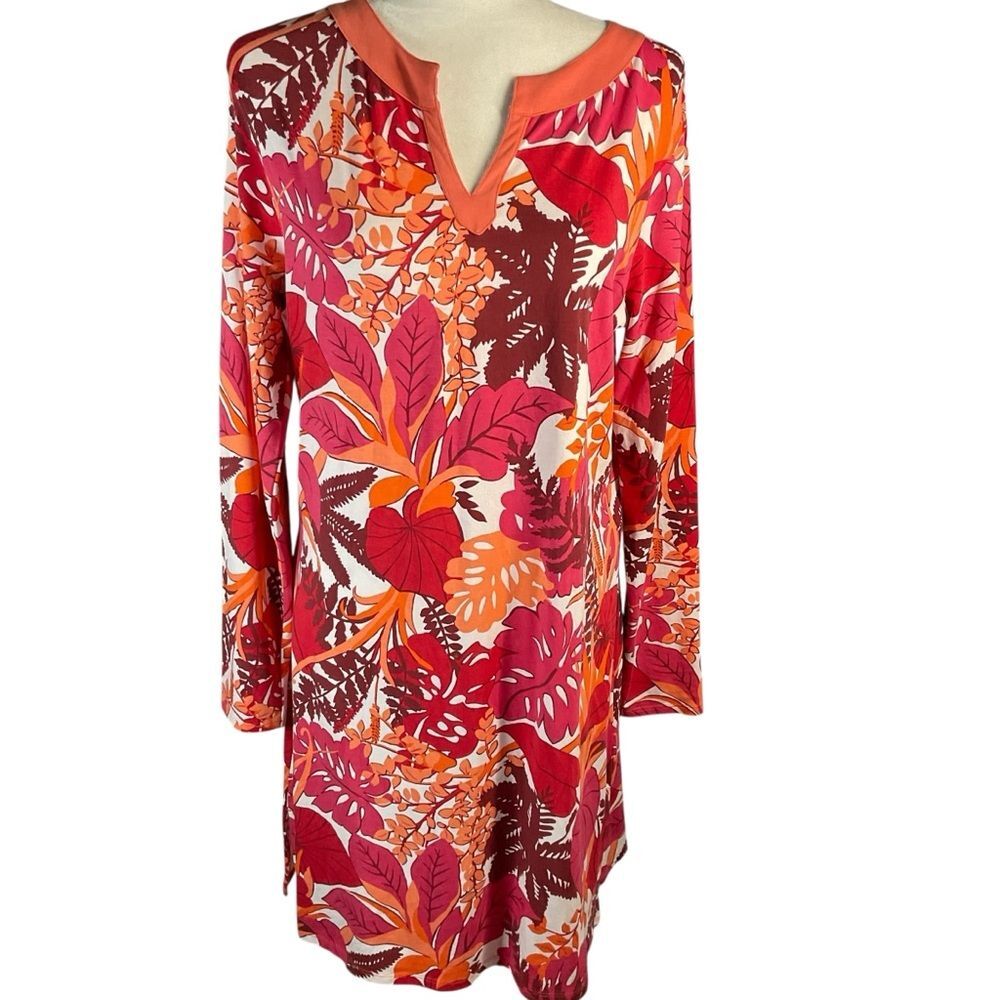 Coolibar Women's Oceanside Tunic Dress Orange Floral Print 3/4 Sleeve Size S